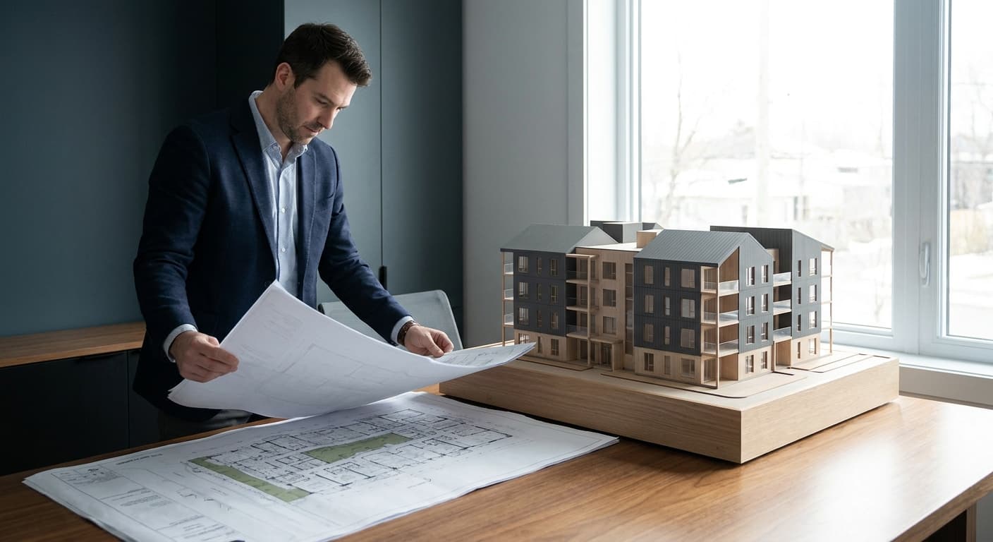 Plans et maquette d'un projet multirésidentiel
